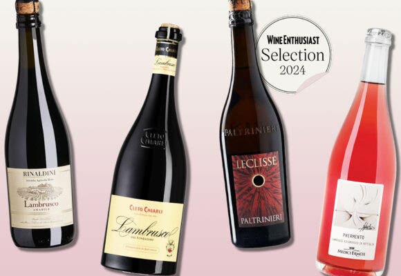 Bottles of Lambrusco on a designed background