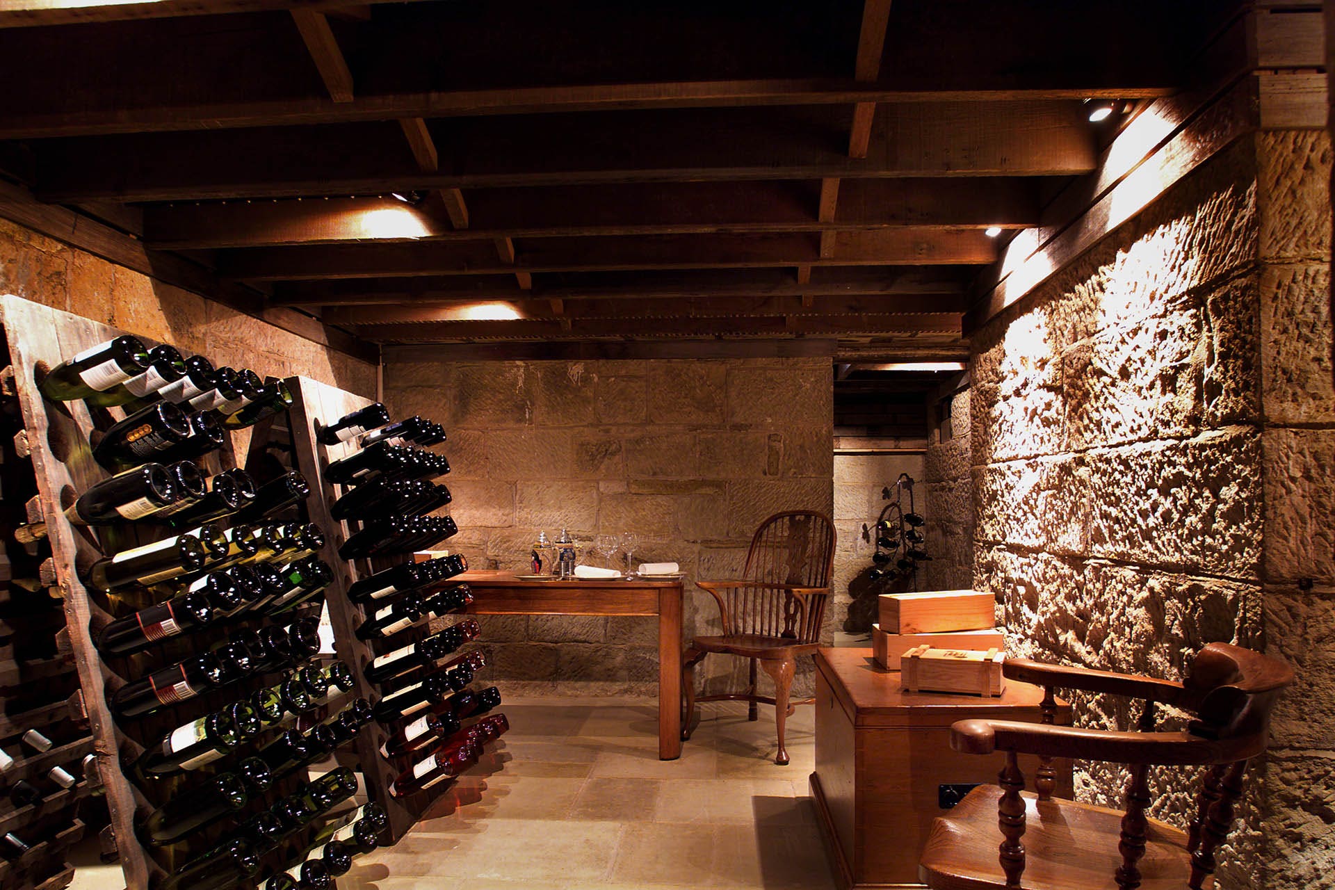 Image of wine cellar with rack of bottles stored sideways